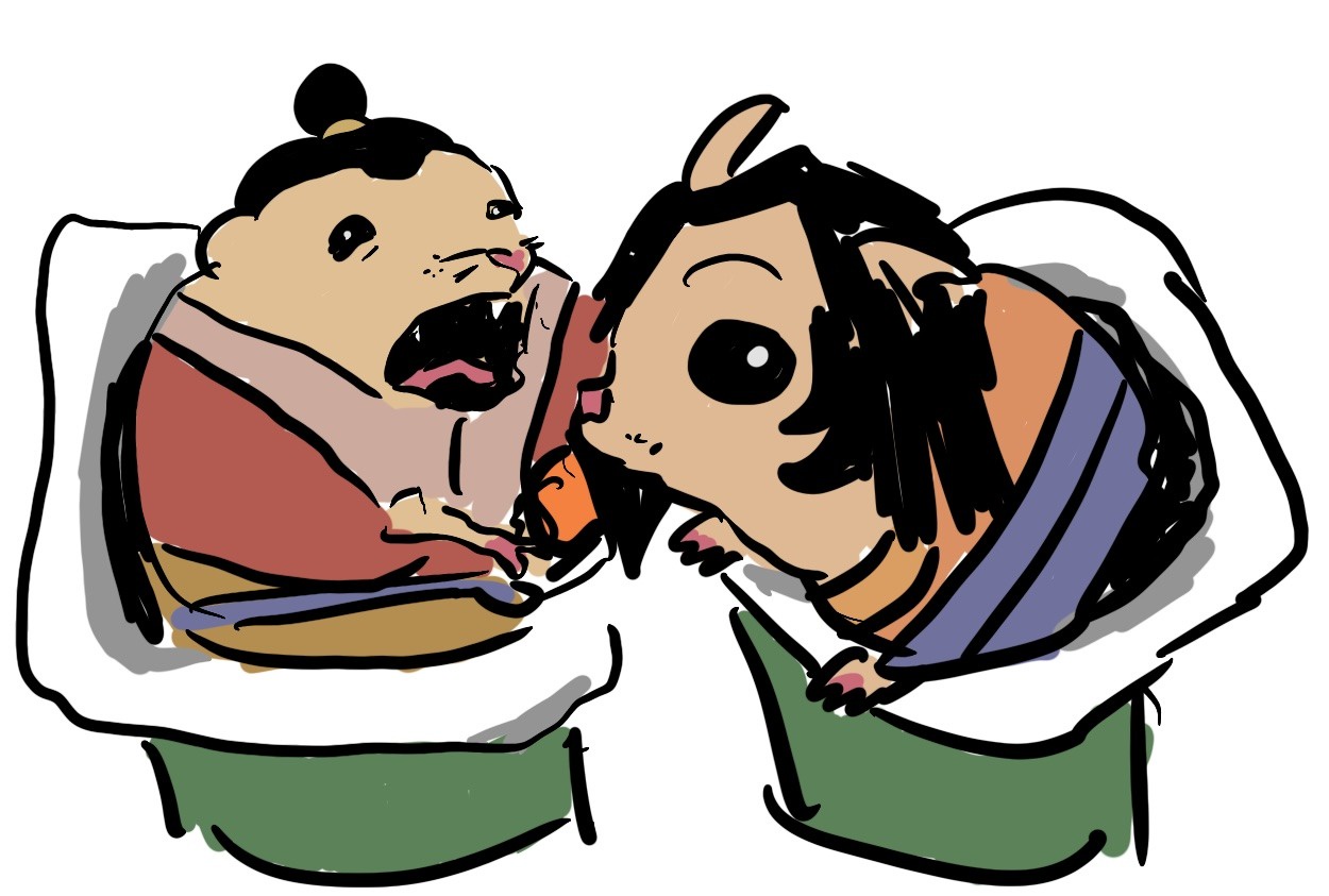 A silly drawing of Avatat Wan and a Chou brother as hamsters in yoghurt bots. The Chou brother is screaming at Wan in fear.