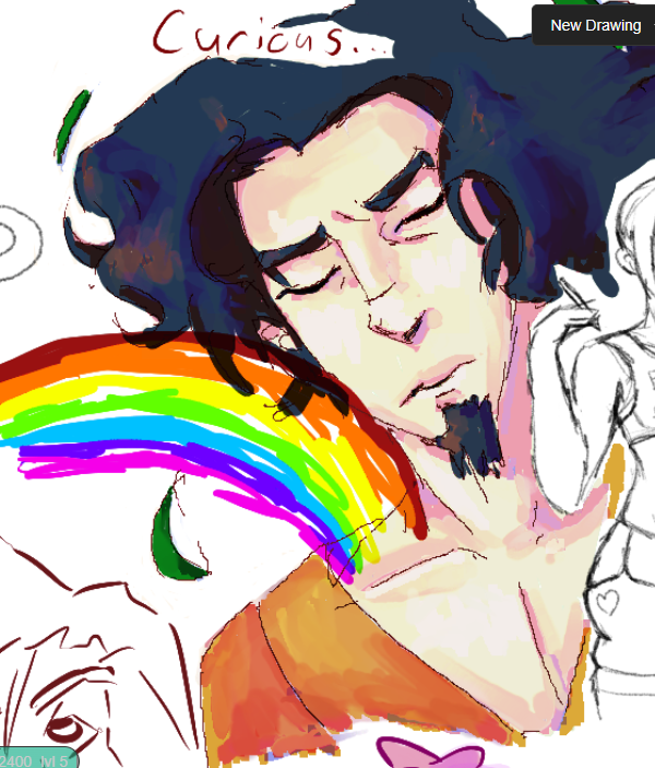 An image of a collaborative sketch board, featuring Avatar Wan with his eyes closed and hair blown back whilst a roughly drawn rainbow falls onto his shoulder.