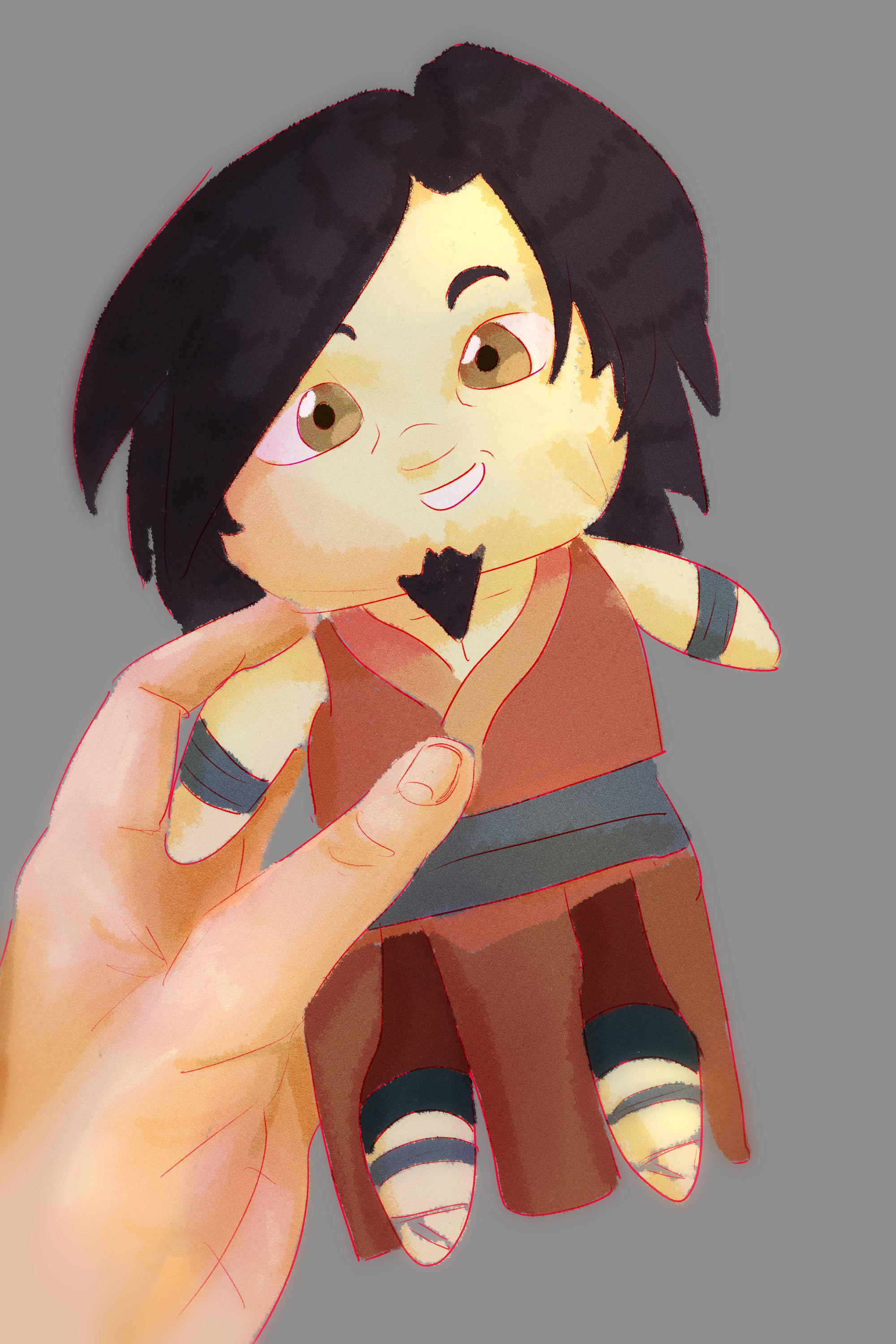 Art of Avatar Wan where he is depicted as a small cotton doll and held in someone's hand.