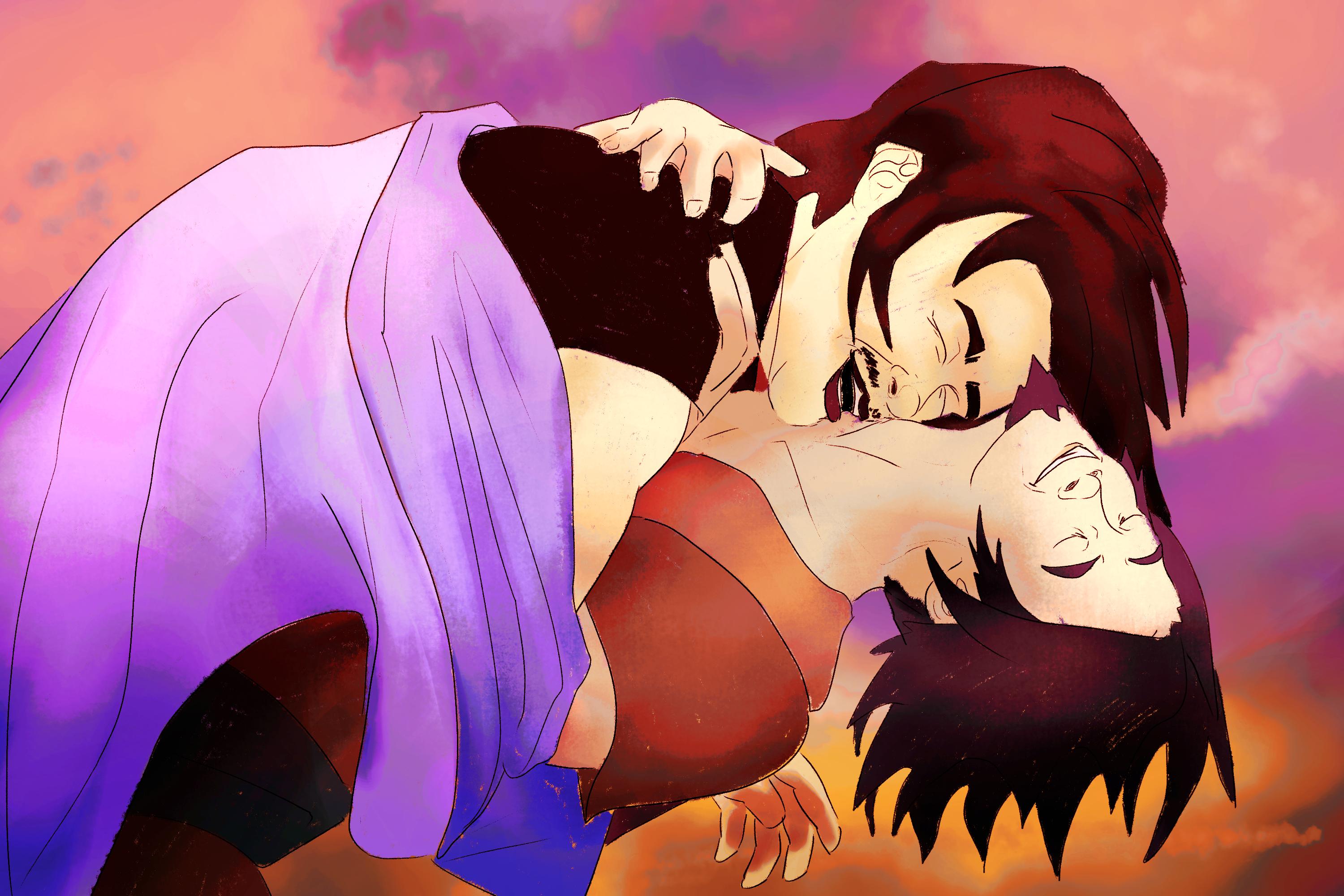 Art of Avatar Wan and his wife embracing in front of a colorful sky.