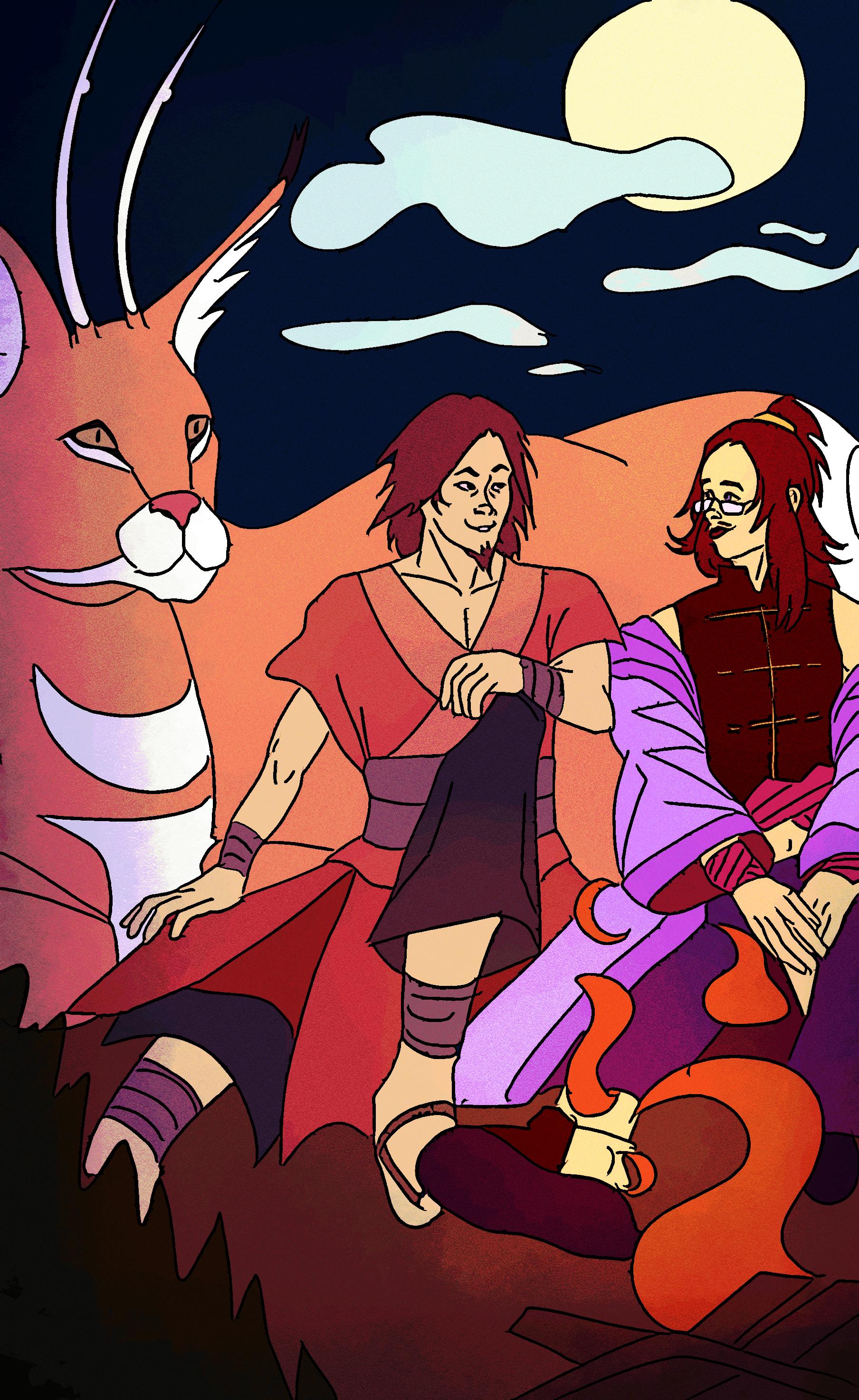 A solid color art piece of Avatar Wan and his wife at a campfire alongside Mula.