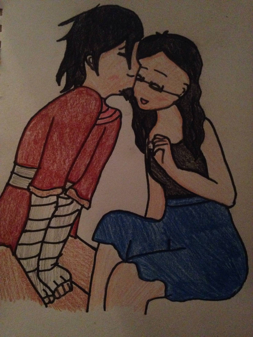 Fanart of Avatar Wan in his wife in traditional media. Wan is kissing Brady on the forehead.