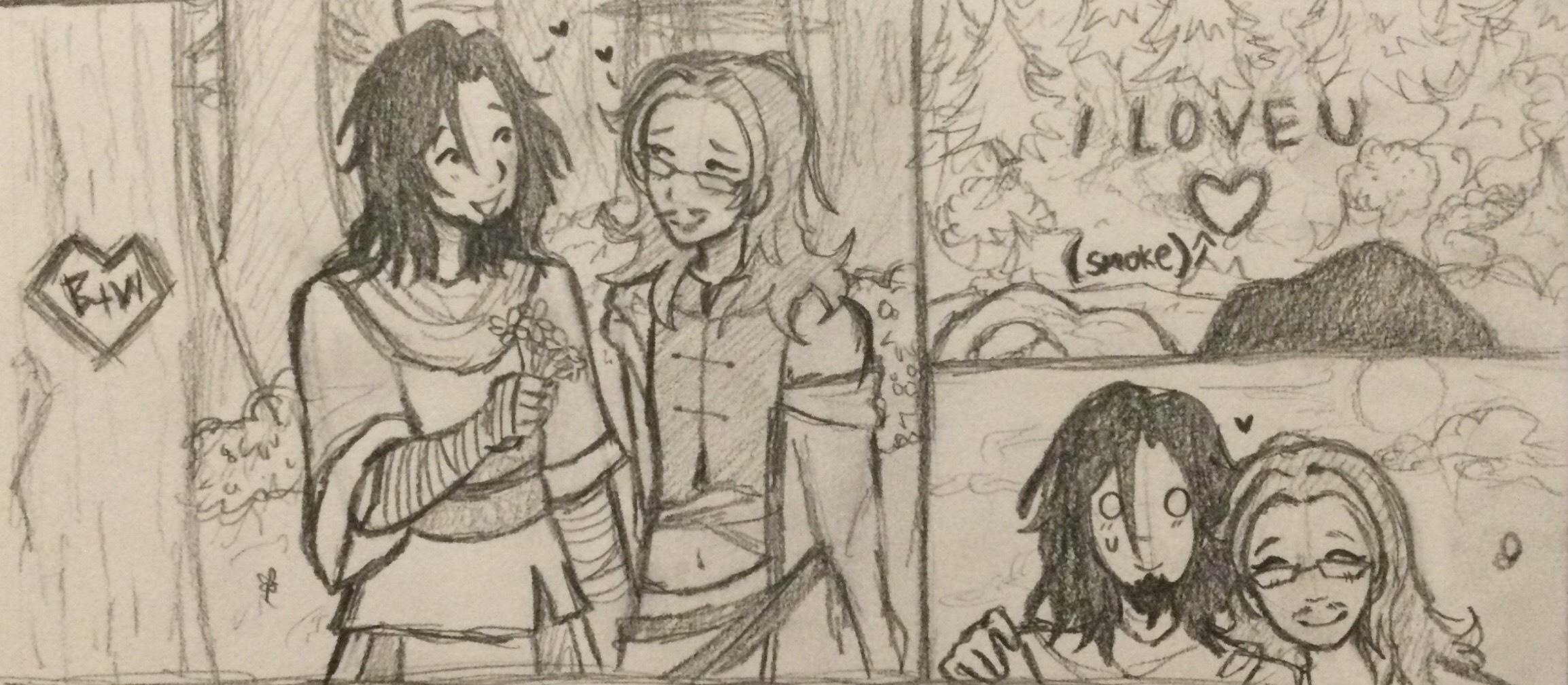 A comic of Avatar Wan and his wife. Wan is bringing them flowers, shortly after Brady accidentally burns down a tree. Despite the failed firebending, the smoke forms an 'I love you' message.