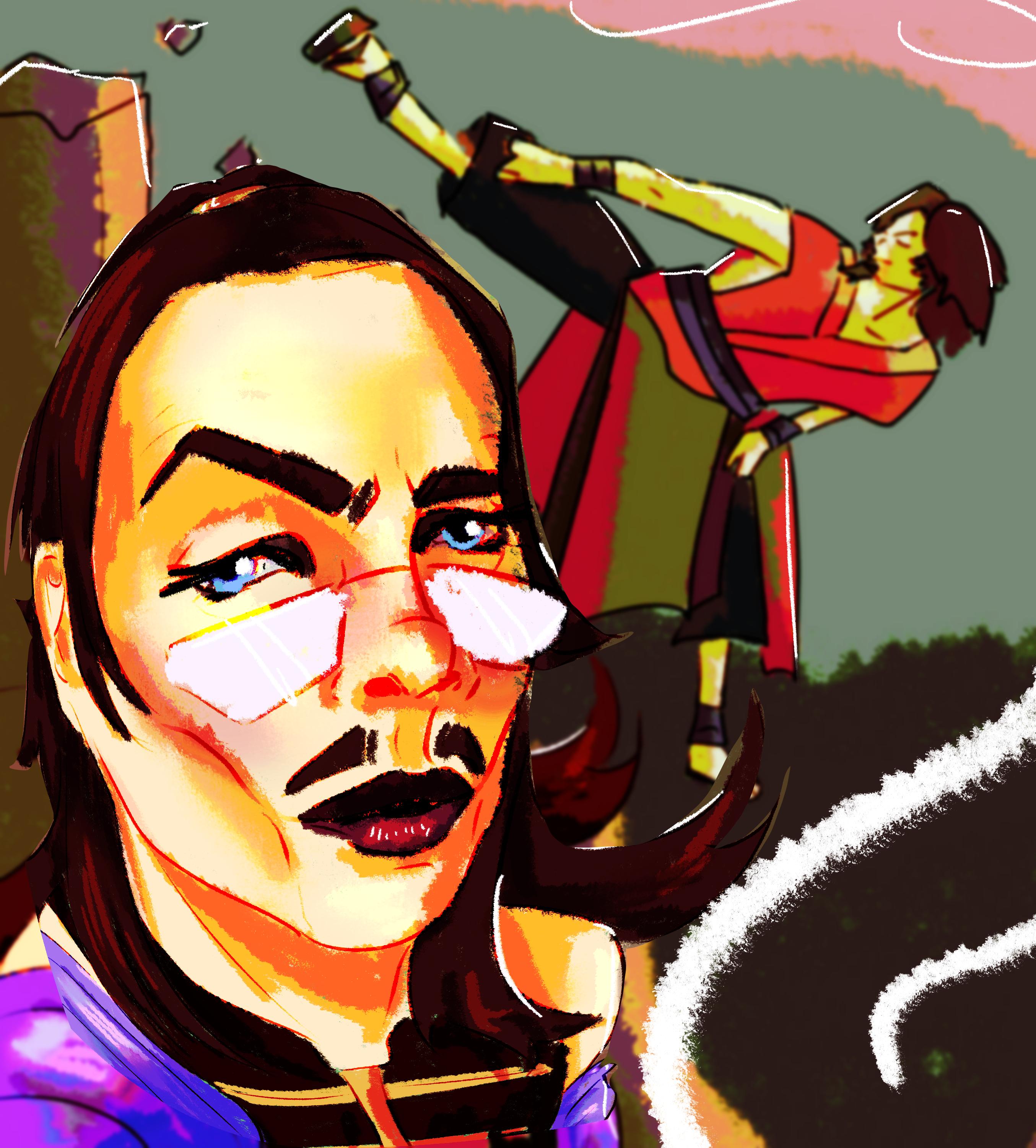 Art of Avatar Wan Earthbending behind his spouse, Brady. Raava's tendrils can be seen in the front.