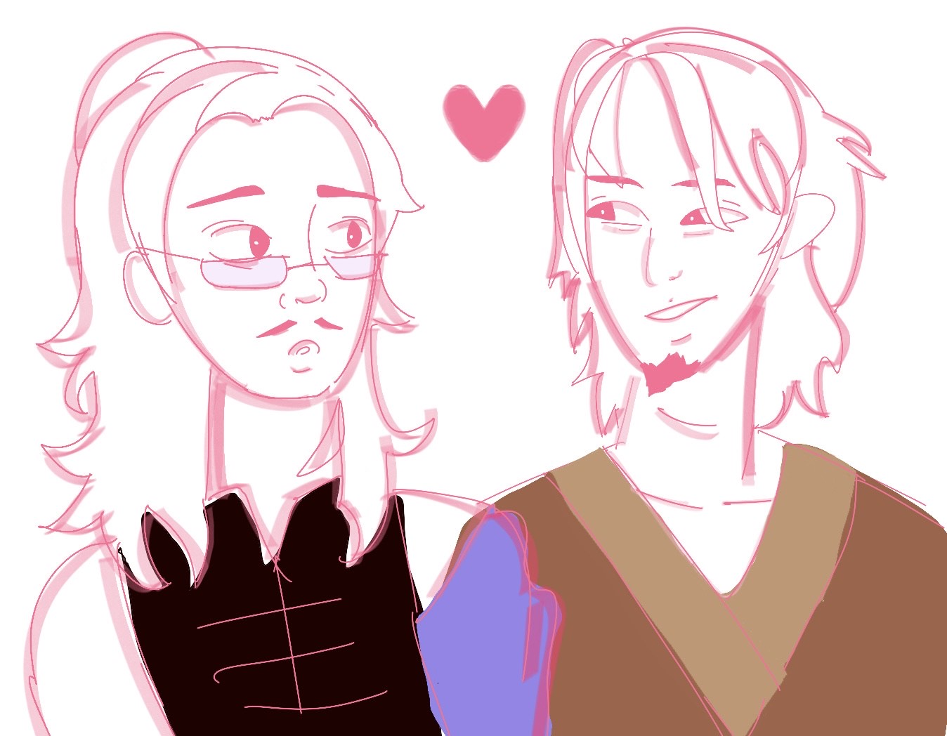 Sketched fanart of Avatar Wan and his wife, Brady. Brady looks a little flustered whilst Wan is smiling at them.