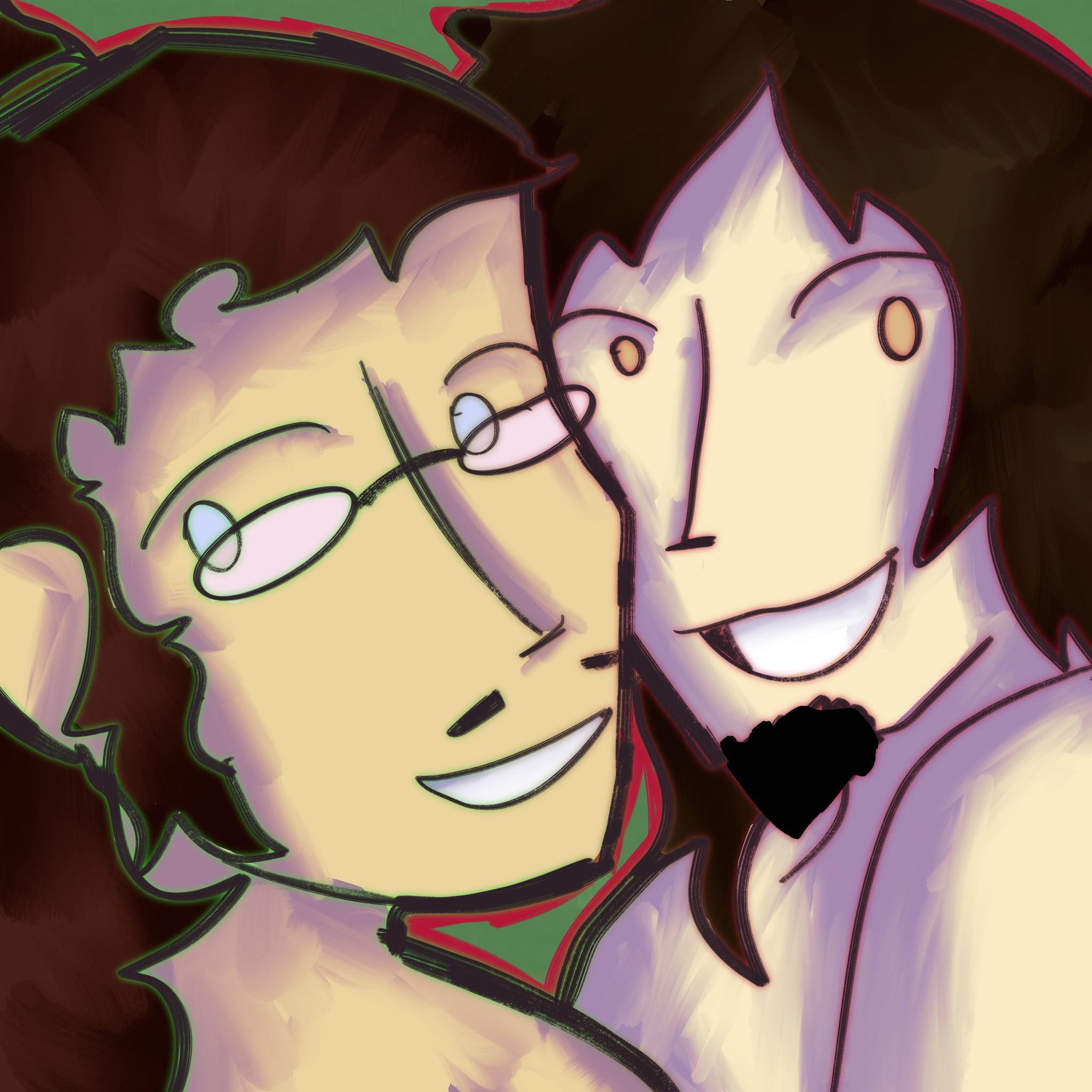 Fanart of Avatar Wan and his wife, Brady. Their faces are pressed up together and they are both facing the viewer and grinning.