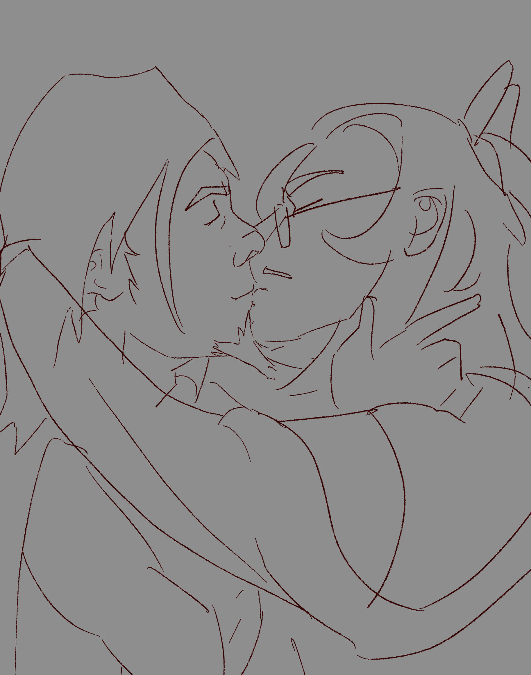 A sketch of Avatar Wan and his lover, Brady kissing.