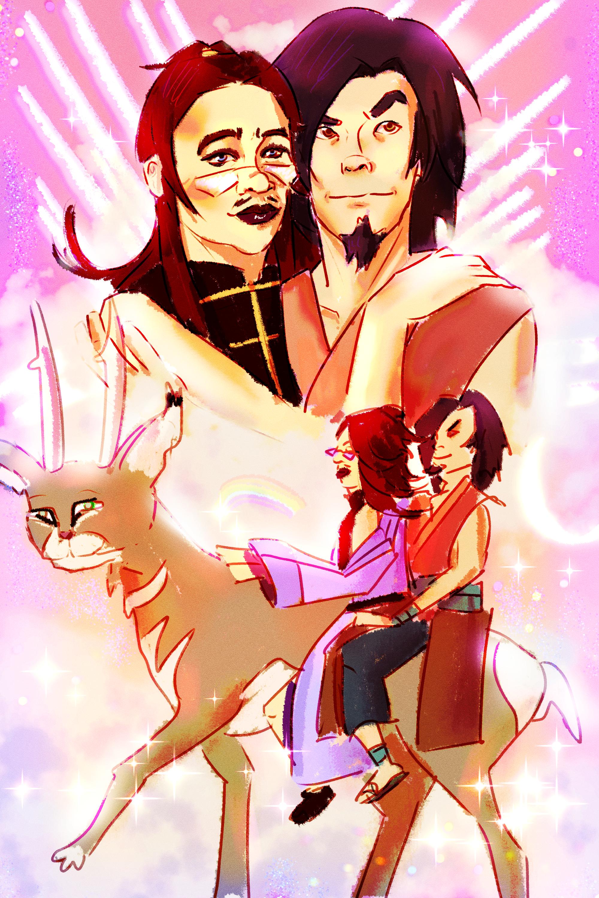An exaggerated art piece in the style of a romance movie poster, showing Avatar Wan and his wife holding eachother in the background. In the foreground, Wan and Brady are riding Mula the cat deer. Dramatic sparkles and rainbows adorn the image.