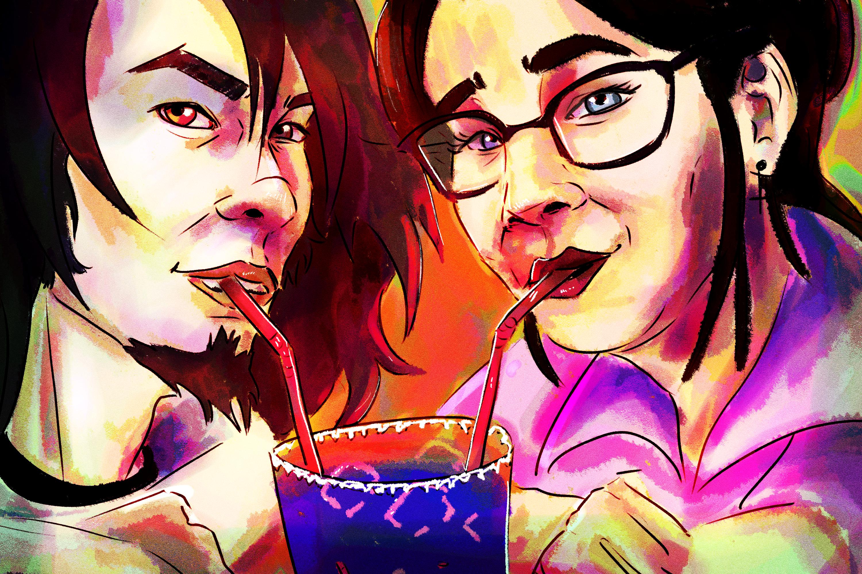 A colorful, realistic art piece depicting Avatar Wan and his wife, Brady sharing a drink together.