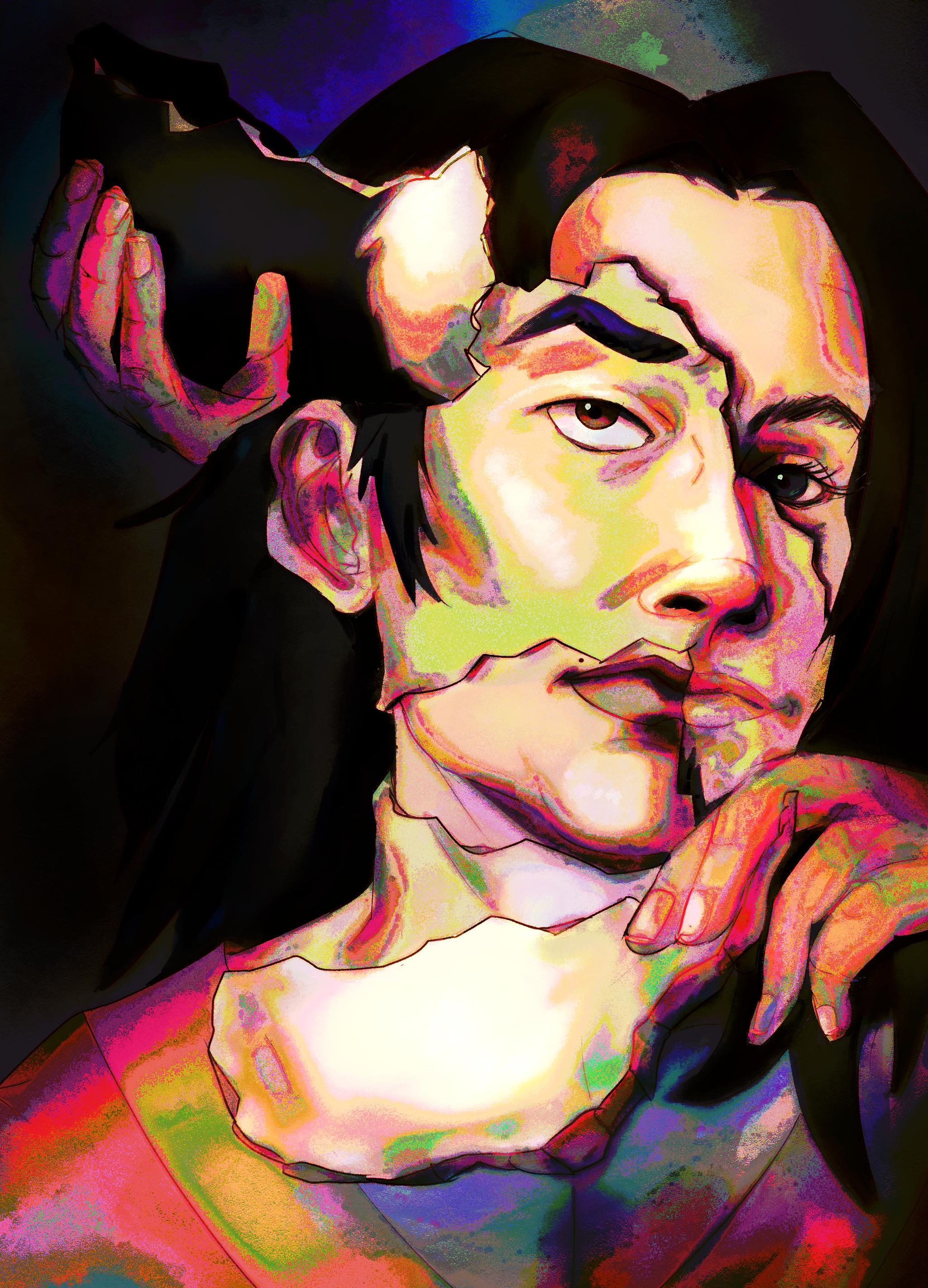 A high quality portrait of Avatar Wan, depicted with his lover: Brady. It is a psychedelic style piece where they are shown via a fragmented face on the same body.